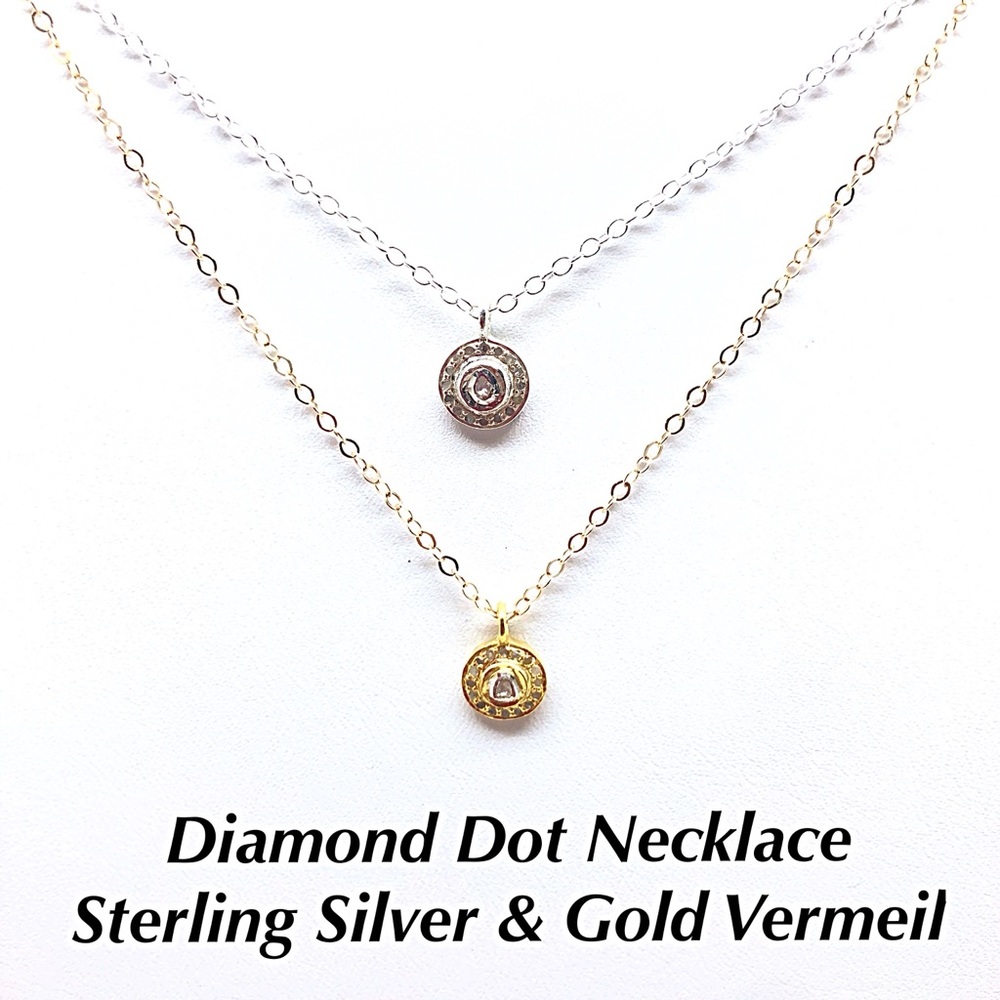 Polki Diamond Disc Necklace in 24k Gold Vermeil & Sterling Silver, NWT, Gift Box